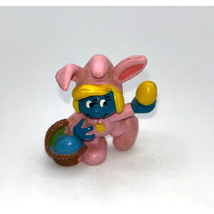 Vintage Pink Bunny Suit Smurfette Figure Smurfs Easter Cake Topper Cupcake Top